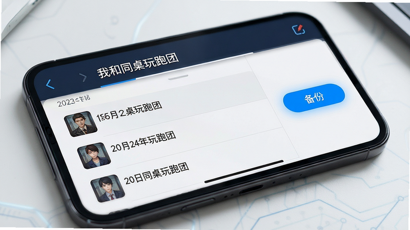 手机屏幕显示“我和同桌玩跑团”的存档管理界面,列表清晰显示不同日期的存档文件,右侧有“备份”按钮高亮显示,界面简洁明了,风格商务科技,细节清晰,画质高清,干净无干扰