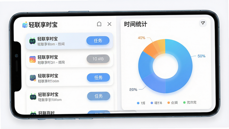 主体为轻联享时宝安卓应用界面全景,布局采用左右分栏设计,左侧显示任务列表,右侧展示时间饼图统计,排版清晰有序,风格简约现代,细节处体现柔和阴影与圆角按钮,画质高清,干净,无多余元素,文字“轻联享时宝”清晰可见