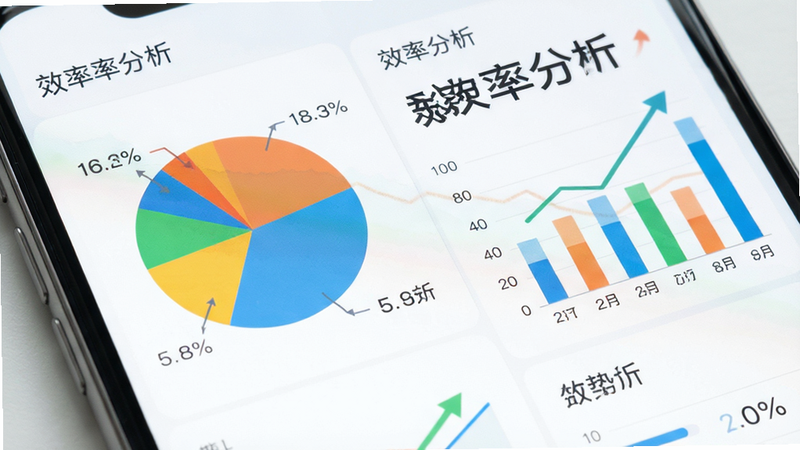 数据可视化界面特写,主体为手机屏幕显示的彩色饼图和柱状图,布局左右分栏,排版逻辑清晰,风格清新明亮,细节包含数据标签和趋势箭头,画质细腻,干净,文字'效率分析'醒目