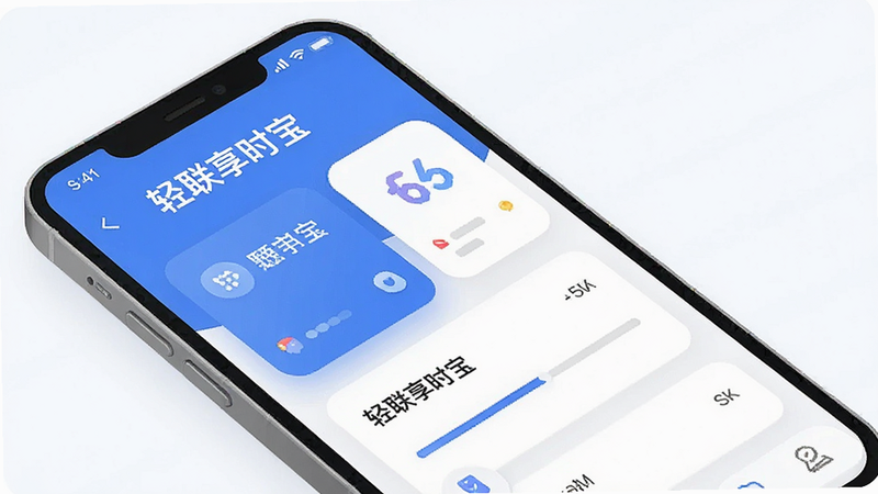 一张高清数字插画,主体为智能手机界面,屏幕显示'轻联享时宝'APP首页,布局简洁现代,采用蓝白配色,排版清晰,风格扁平化极简主义,细节包含圆角卡片和进度条,画质8K,干净无多余元素,文字'轻联享时宝'清晰可见