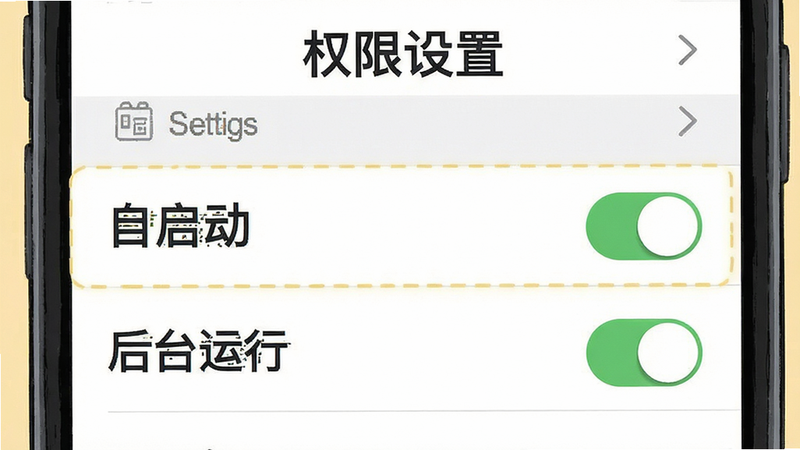 手机设置界面截图风格插画,重点高亮“自启动”和“后台运行”开关,布局聚焦于设置列表,排版清晰易读,风格教程指南,细节包含对勾标记,画质清晰,干净,文字'权限设置'醒目
