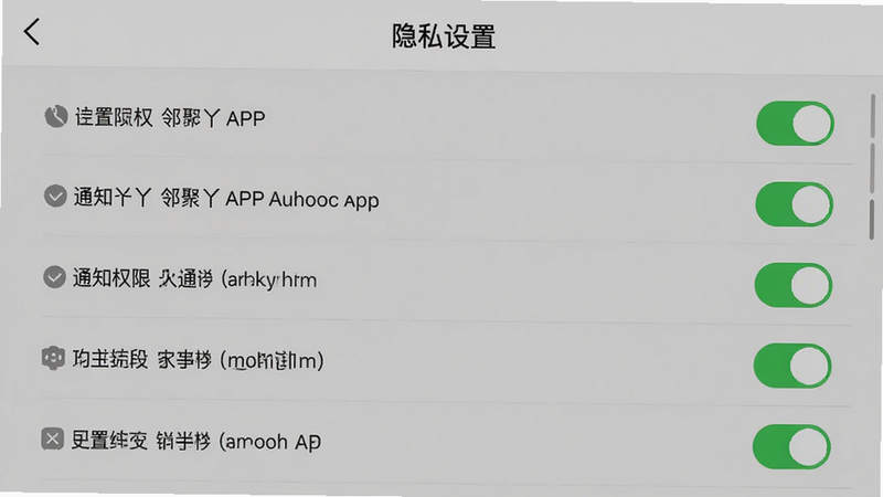 ����Ϊ�ھ�ѾѾAPP��������Ȩ��ҳ�棬�������Ϊ�����б����Ҳ�Ϊ���ذ�ť��������ʾ����˽���á����⣬���������Ͻ���ϸ��չʾλ��Ȩ�ޡ�֪ͨȨ�޵�ѡ����廭�ʣ��ɾ��޶���Ԫ��