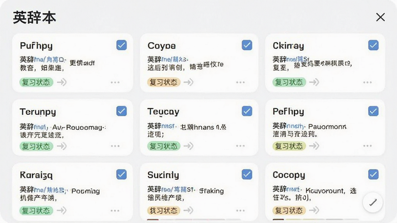 ����ΪӢ��APP�����ʱ��������棬����Ϊ��Ƭʽ�б���ÿ�ſ�Ƭ��ʾ���ʡ����弰��ϰ״̬���Ű����򣬷�����£�ϸ�ڰ�����ѡ��������ǩ�������������ɾ����޶���Ԫ��