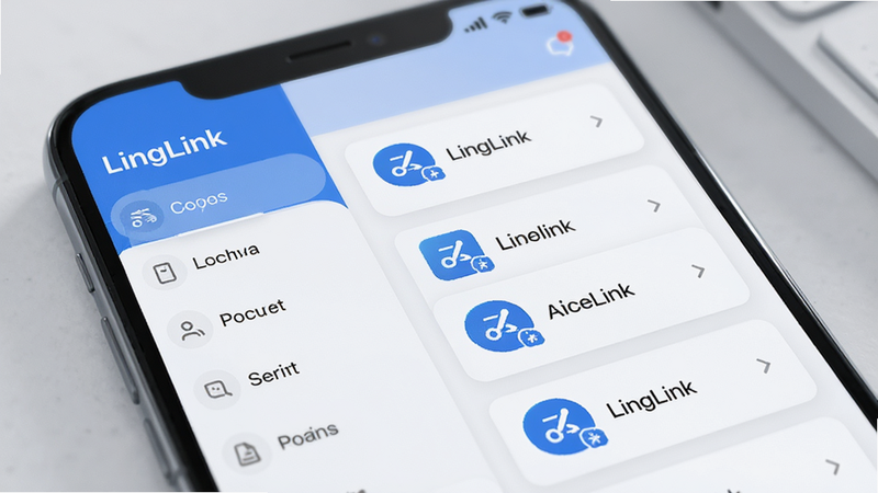 չʾLingLink�ֻ����棬���Ϊ�����б����Ҳ�Ϊ���ӿ�Ƭ����Ƭ��ʾͼ��ͱ��⣬UI��Ƽ�࣬������ɫ������UI���ͼ��ϸ�������������ָ��ţ���͹�Ӱ