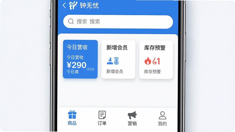 ����Ϊ�����ֻ���Ļ����ʾ������APP��ҳ���棬��������������Ϊ���������в�Ϊ������Ӫ�ա�����������Ա���������Ԥ���������������ݿ�Ƭ���ײ�Ϊ����Ʒ����������������Ӫ���������ҵġ��ĸ�����ͼ�ꡣ���Ϊ��ƽ��UI��ƣ���ɫ�ԿƼ����Ͱ�ɫΪ����ϸ�ڴ�����΢��Ӱ�����ʸ��壬�ɾ����޶���Ԫ�أ����֡������ǡ���������Ӫ�ա������ɼ���