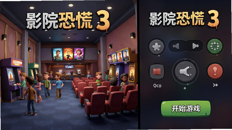 主体为《影院恐慌 3》游戏主界面全景图,布局采用左右分屏设计,左侧显示影院大厅场景,右侧显示操作控制区;排版清晰规整,风格为卡通渲染结合3D建模,细节丰富,画质高清,干净无多余元素,文字内容包含