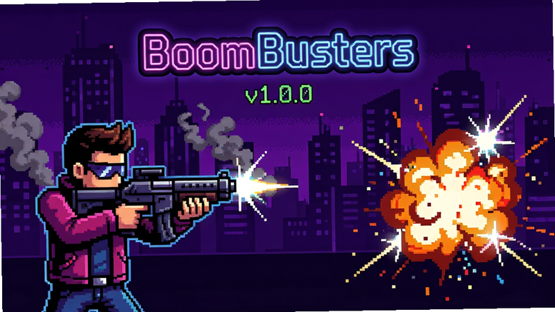 主体为BoomBusters游戏主界面,布局采用居中对称设计,左侧显示角色持枪瞄准姿势,右侧展示爆炸特效粒子系统,背景为深紫色赛博朋克城市剪影,排版清晰展示版本号v1.0.0,风格为高对比度像素艺术,细节包含动态烟雾与闪光效果,画质4k高清,画面干净无多余UI元素,文字