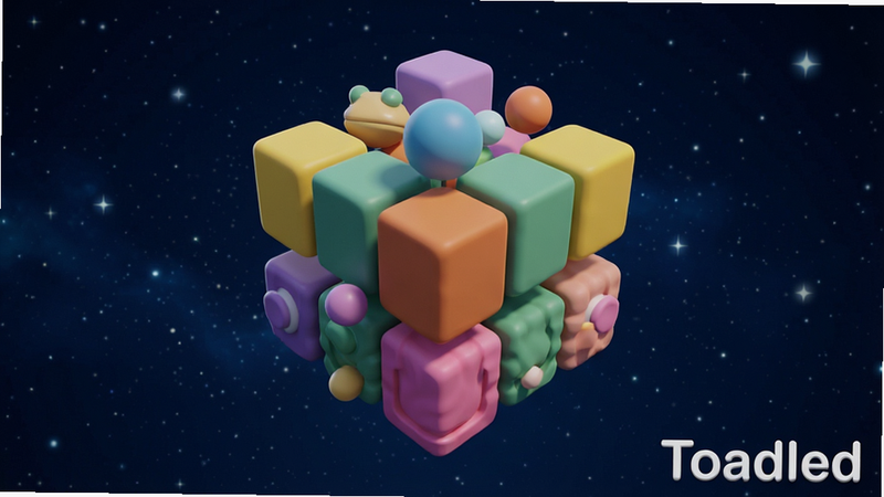 一张展示Toadled游戏界面的3D渲染图,主体为悬浮在空中的彩色立方体和球体组合,背景为深蓝色星空,布局中心对称,排版简洁,风格为极简主义科技风,细节处可见柔和的光影效果,画质高清,干净,无多余元素,文字