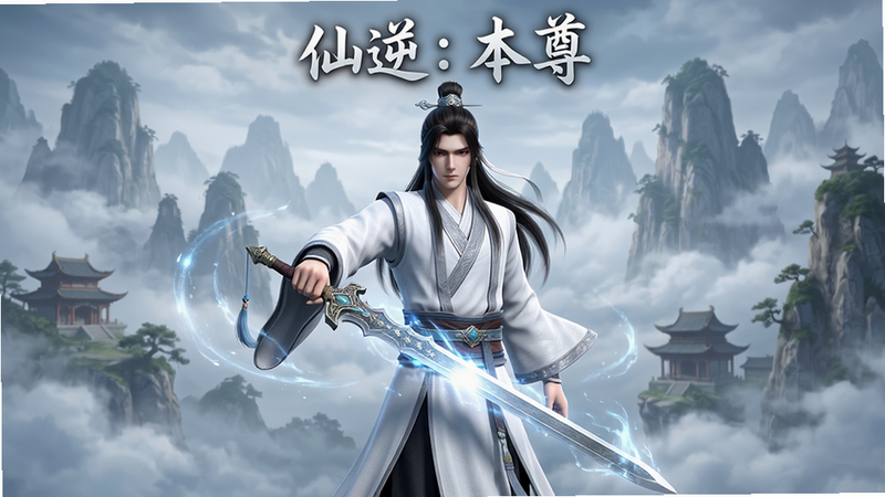 主体为《仙逆:本尊》游戏主界面,布局居中展示一名身着白色长袍、手持仙剑的男性角色,背景为云雾缭绕的仙侠山峦,排版简洁大气,风格为中国古风3D渲染,细节处可见剑光闪烁与灵韵特效,画质高清细腻,干净无多余元素,文字“仙逆:本尊”位于顶部中央