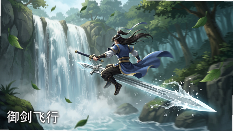主体为《仙逆:本尊》御剑飞行场景,布局为广角镜头,角色骑乘飞剑穿越瀑布与森林,视角跟随角色动态移动,风格为动感仙侠风,细节处有水花飞溅与树叶飘落,画质高清,干净背景,无多余图标,文字“御剑飞行”位于左下角