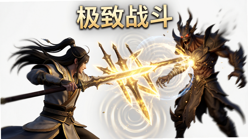 主体为《仙逆:本尊》战斗特效展示,布局为特写镜头,角色释放金色剑阵攻击敌方BOSS,技能光效交织,风格为华丽战斗风格,细节处可见能量波纹与粒子效果,画质极高,干净背景,无多余UI,文字“极致战斗”位于上方