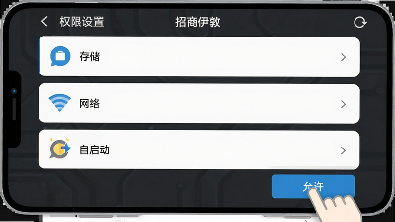 展示一部安卓手机屏幕,显示“招商伊敦”APP的权限设置界面,高亮显示“存储”、“网络”和“自启动”三个选项,背景为深灰色科技感UI,手指图标正在点击“允许”按钮,画面简洁直观,扁平化设计风格,高对比度,清晰易读,无其他干扰元素。