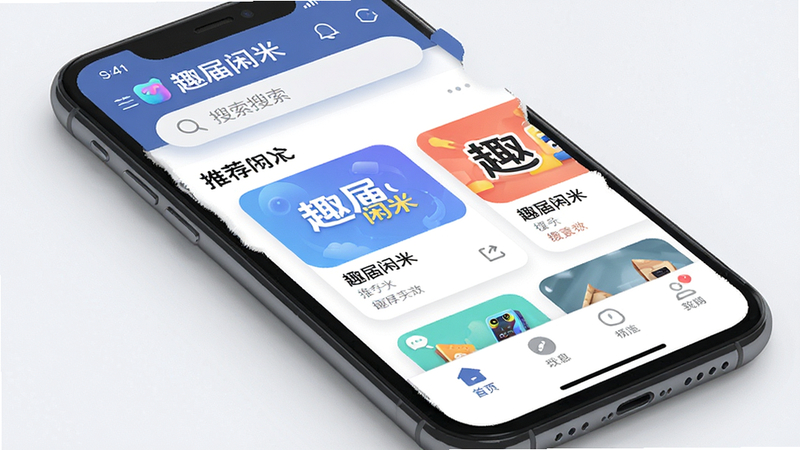 主体为手机屏幕,显示“趣届闲米”APP首页界面,布局为顶部搜索栏,中部推荐卡片流,底部导航栏,排版整洁有序,风格为扁平化现代UI设计,细节包含高清图标和柔和阴影,画质清晰锐利,干净无多余元素,文字“趣届闲米”清晰可见