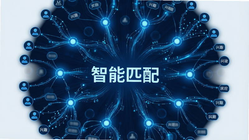 主体为抽象的连接网络图,节点代表用户和兴趣标签,线条连接表示匹配关系,布局呈放射状,排版平衡,风格为科技感蓝色调,细节包含发光节点和流动光线,画质高清,干净背景,文字“智能匹配”居中显示