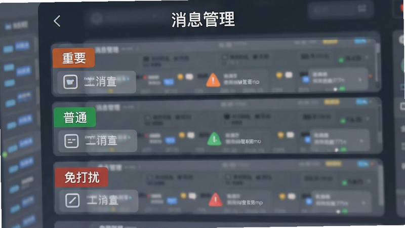 主体为消息列表界面示意图,分为“重要”、“普通”、“免打扰”三个区域,布局垂直排列,排版清晰,风格为极简商务风,细节包含不同颜色标签区分优先级,画质清晰,干净背景,文字“消息管理”顶部显示