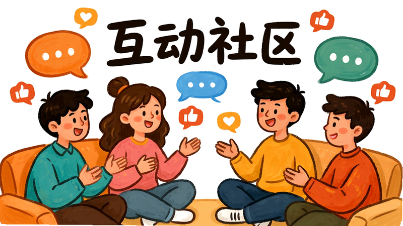 主体为多人互动场景插画,人物围坐交流,周围漂浮着对话气泡和点赞图标,布局紧凑温馨,排版和谐,风格为卡通手绘风,细节包含表情生动的人物和鲜艳的色彩,画质细腻,干净背景,文字“互动社区”醒目