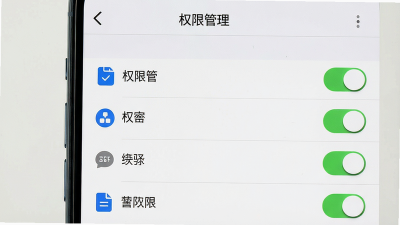 主体为手机设置界面截图,显示“权限管理”列表,布局为列表形式,排版规整,风格为系统原生UI,细节包含开关按钮和图标,画质清晰,干净背景,文字“权限管理”顶部显示