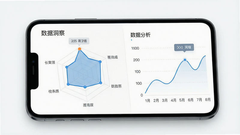 一张数据可视化分析界面图,主体为手机屏幕上的多维雷达图和折线图,布局左右分栏,排版整齐,风格为极简商务白,细节包含高亮的数据峰值标记,画质细腻,干净,无多余元素,文字标注
