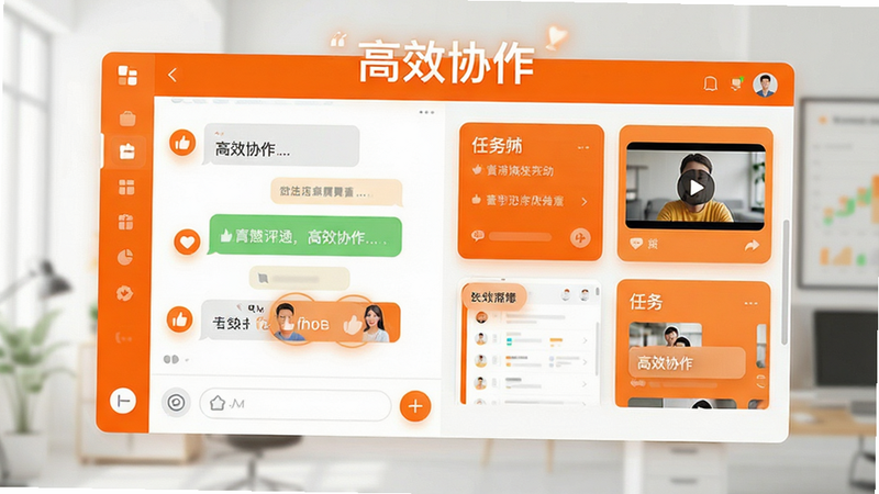 一张团队协作沟通界面图,主体为聊天窗口与任务卡片,布局上下结构,排版流畅,风格为活力橙色系,细节包含点赞图标与视频缩略图,画质明亮,干净,无多余元素,文字标注