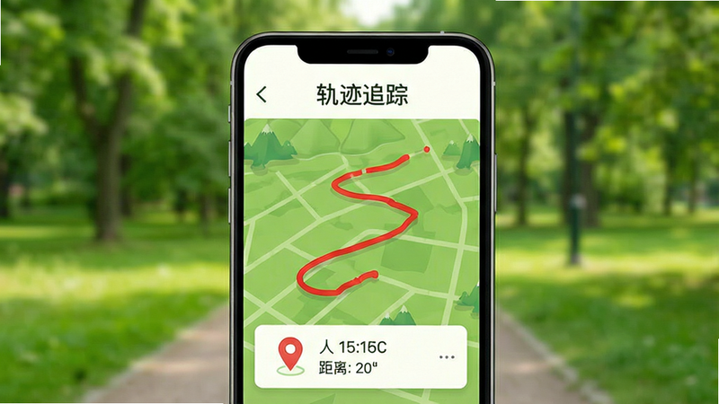一张户外运动轨迹追踪示意图,主体为绿色公园背景下的手机屏幕,显示一条红色的奔跑轨迹线,布局中心聚焦,排版开阔,风格为清新自然风,细节包含定位图标与距离数值,画质清晰,干净,无多余元素,文字标注