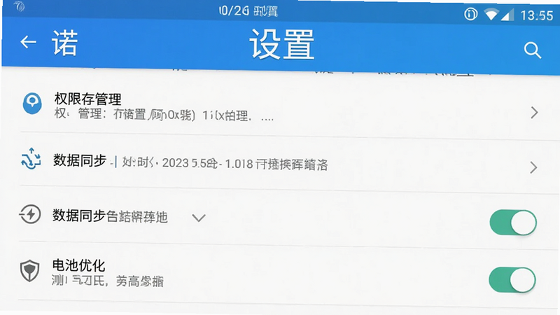 以诺行车管家移动端设置界面预览,主体为手机设置列表,布局包含权限管理、数据同步选项,排版标准安卓风格,细节显示存储路径选择与电池优化开关,画质清晰,干净,文字