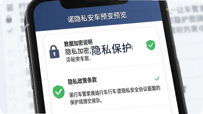 以诺行车管家隐私安全协议界面预览,主体为手机文字列表,布局包含数据加密说明、隐私政策条款,排版严谨正式,风格法律文档感,细节显示锁形图标与绿色安全标识,画质高清,干净,文字