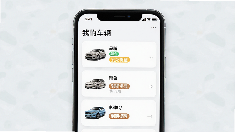 以诺行车管家车辆档案管理界面,主体为手机卡片式列表展示多辆车信息,布局上下滑动结构,排版整齐,风格简约清新,细节显示每辆车的品牌、颜色及到期提醒标签,画质清晰,干净,文字