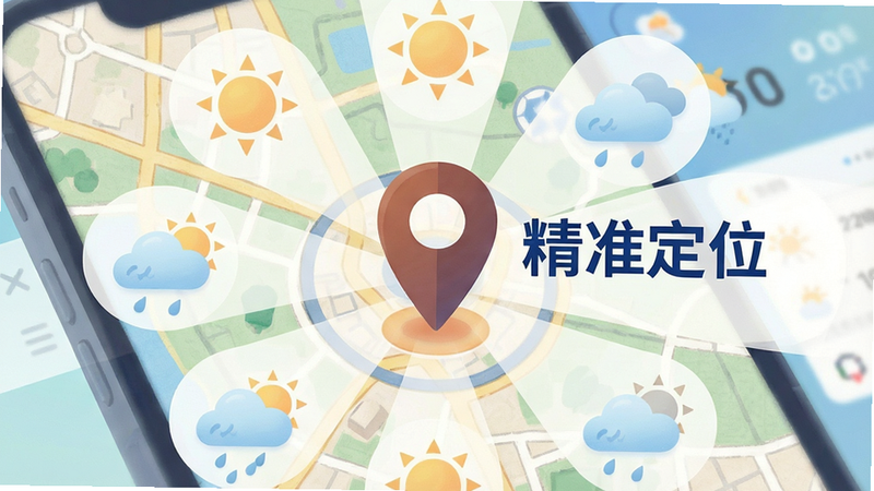 主体为手机地图界面与天气应用界面的融合视觉,地图中心有一个醒目的定位标记,周围环绕着天气图标如太阳、云朵,布局呈放射状,排版具有层次感,风格为清新插画风,细节处有地图网格纹理,画质细腻柔和,干净无多余装饰,文字“精准定位”以深蓝色字体标注在定位标记旁