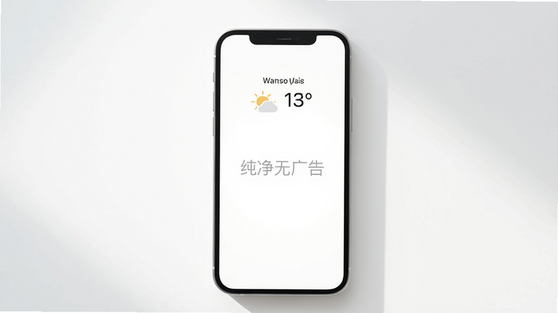 主体为一个纯净的手机屏幕,没有任何广告弹窗或横幅,仅显示天气信息,背景为纯白色,布局极简,排版留白极大,风格为极简主义,细节处有柔和的光影效果,画质通透干净,无多余元素,文字“纯净无广告”以浅灰色字体居中显示
