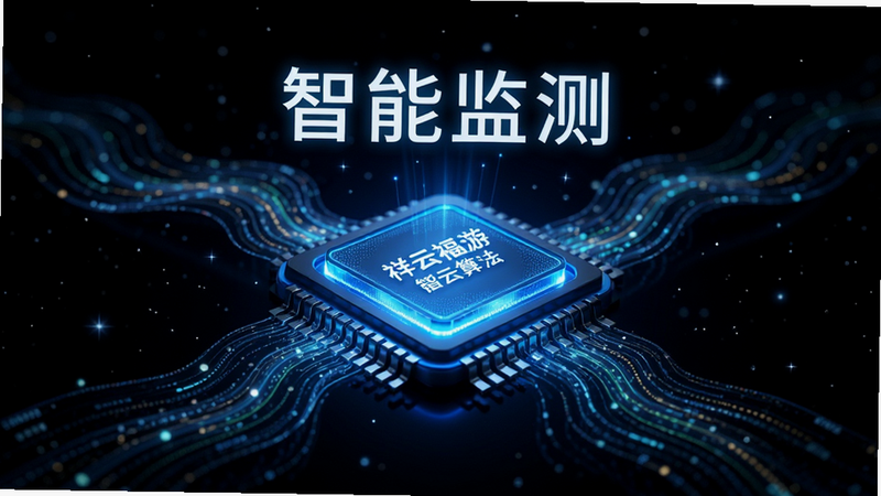 以“祥云福游”为主题的科技感概念图,画面中心是一个发光的蓝色芯片,周围环绕着流动的数据光带,象征智能算法。背景为深空黑,点缀着细微的星光粒子。文字“智能监测”以白色发光字体悬浮在芯片上方。风格科幻、极简,高清细节,无杂乱背景,8k画质