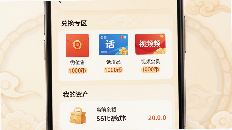 “祥云福游”兑换商城界面展示图,手机竖屏展示。屏幕上半部分为“兑换专区”,排列着微信红包、话费卡、视频会员卡等图标,图标下方标注价格(如1000币)。下半部分为“我的资产”卡片,显示当前余额。背景为柔和的米白色,营造温馨信任感。风格电商UI设计,清晰直观,无水印,高清摄影质感