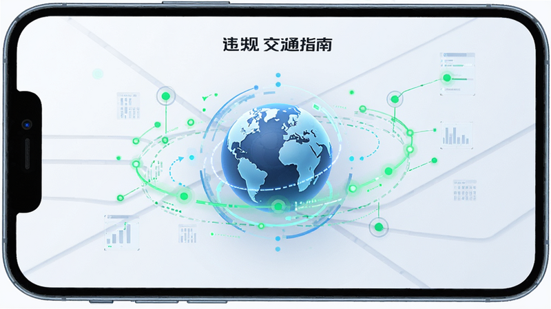 ����Ϊ��Υ�潻ָͨ�ϡ�APP������ͬ�����棬��������Ϊ��ת�ĵ���ͼ�꣬��Χ�������������������Ű�Ƽ���ǿ�����δ�����壬ϸ�ڰ�����ɫ���ݵ������ӽڵ㣬���ʸ��壬�ɾ����޶���Ԫ��