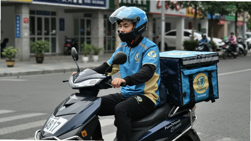 骑手佩戴头盔正在骑行配送的实景风格图,主体是身穿统一制服的骑手和电动车,背景为城市街道,布局动感,风格写实摄影,细节包含制服上的logo和车辆编号,画质高,干净,无多余元素