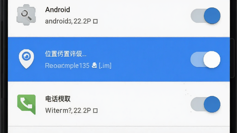手机端设置权限界面的示意图,主体是安卓系统的权限管理列表,突出显示位置信息和电话权限,布局竖向排列,风格系统原生UI,细节包含开关按钮和图标,画质清晰,干净,无多余元素