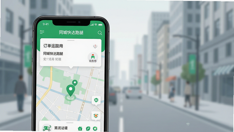 一张展示“同城快达跑腿”APP界面的概念图,主体是手机屏幕显示订单追踪地图和骑手位置标记,布局清晰,背景为简洁的城市街景虚化,风格现代扁平化,细节包含绿色主色调UI和白色卡片式设计,画质高清,干净,无多余元素