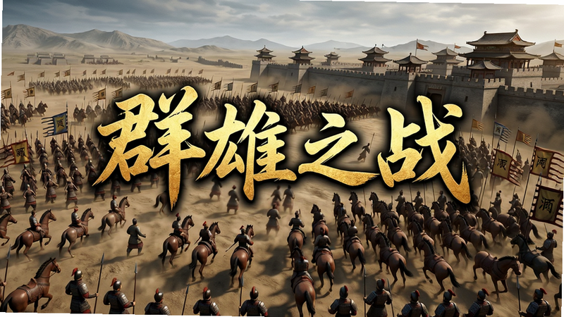 主体为三国战场全景图,布局为宽幅横屏视角,排版中心突出“群雄之战”金色书法字体,风格为写实国风3D渲染,细节展现千军万马奔腾与城池对峙,画质4K高清,干净无多余元素,无水印