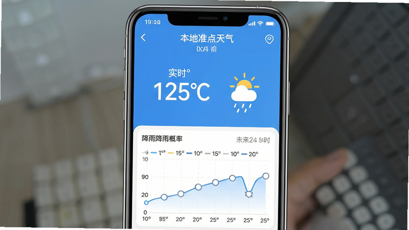 ����һ�Ÿ�����ֻ�Ӧ�ý����ͼ������Ϊ������׼��������APP��ҳ������������������ʾ��ǰʱ����ص㣬�м��Ǵ��ֺŵ�ʵʱ�¶�������ͼ�꣬�·���δ��24Сʱ�ķ��Ӽ������������ͼ��������������µ�����ɫ����ϸ�ڷḻ�������������޶���Ԫ�أ��ɾ����