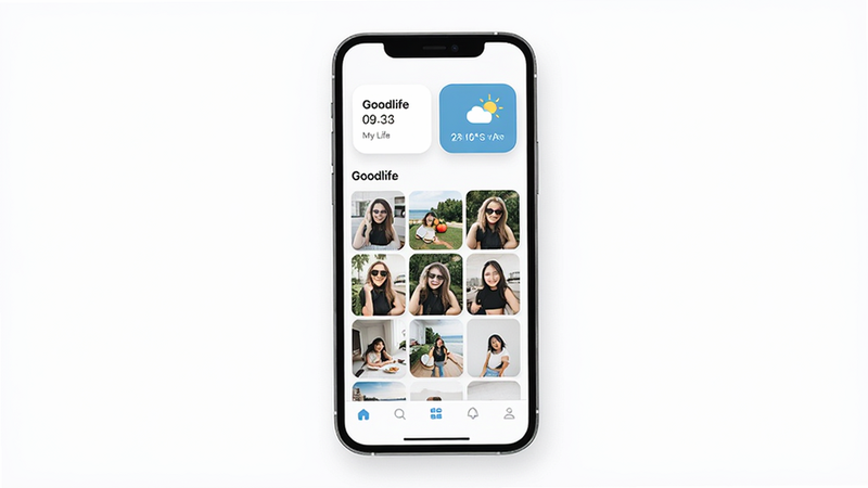 主体为智能手机屏幕显示 Goodlife 应用主界面,布局为简洁扁平化设计,顶部为日期与天气组件,中部为九宫格照片流,底部为导航栏,排版整齐留白充足,风格现代极简,细节呈现柔和阴影与圆角卡片,画质高清,干净,无多余元素,文字包含