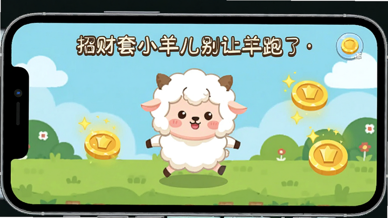 主体为手机屏幕显示游戏界面,布局居中,排版整洁,风格为卡通扁平化,细节包含奔跑的可爱小羊和金色硬币特效,画质高清,干净,无多余元素,图中文字“招财套小羊儿别让羊跑了”清晰可见