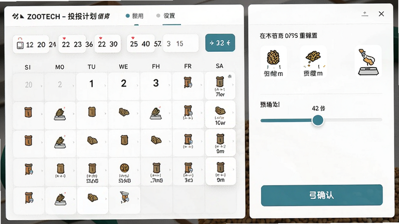 ZOOTECH 投喂计划设置界面,主体为日历视图与饲料重量滑块,布局左右分栏,排版包含日期选择器与确认按钮,风格为简约实用主义,细节处显示不同饲料类型的图标区分,画质细腻,干净,无多余元素,alt=ZOOTECH预览图