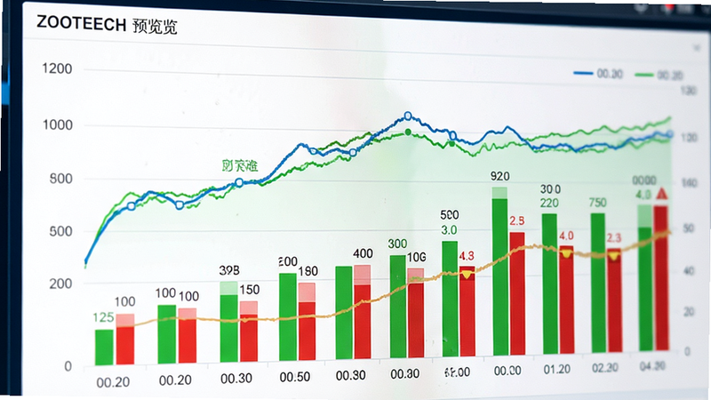 ZOOTECH 数据监控界面特写,主体为折线图与柱状图组合,布局紧凑,排版包含时间轴与数值标签,风格为商务数据可视化,细节处显示绿色正常状态与红色预警状态对比,画质清晰,干净,无多余元素,alt=ZOOTECH预览图