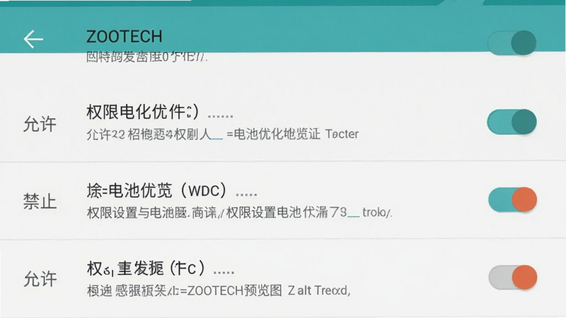 ZOOTECH 权限设置与电池优化界面示意,主体为安卓系统设置页面,布局垂直列表,排版包含开关按钮与说明文字,风格为系统原生UI,细节处显示“允许”与“禁止”状态,画质清晰,干净,无多余元素,alt=ZOOTECH预览图