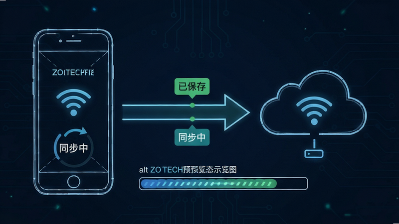 ZOOTECH 离线同步状态示意图,主体为手机与云端服务器的连接箭头,布局中心对称,排版包含同步进度条与Wi-Fi图标,风格为科技感线框图,细节处显示“已保存”与“同步中”状态标签,画质清晰,干净,无多余元素,alt=ZOOTECH预览图