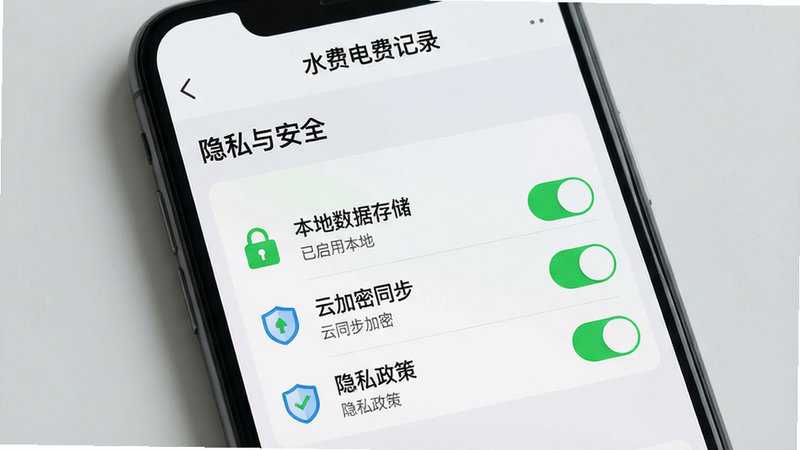 主体为手机屏幕,显示“水费电费记录”APP的设置界面,布局为开关列表,顶部是“隐私与安全”标题,中间是“本地数据存储”、“云加密同步”、“隐私政策”选项,排版简洁,风格为安全盾牌图标点缀,细节包括绿色的安全锁图标和灰色的文字说明,文字包含“已启用本地存储”、“云同步加密”、“隐私政策”,画质清晰,背景为浅灰色,无多余装饰