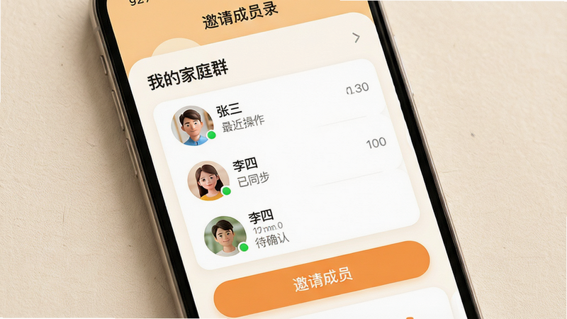 主体为手机屏幕,展示“水费电费记录”APP的家庭管理界面,布局为卡片式列表,顶部是“我的家庭群”标题,下方是家庭成员头像列表,每个头像旁显示昵称和最近操作时间,底部有一个醒目的“邀请成员”按钮,排版温馨且人性化,风格为暖色调居家风,细节包括头像的圆角处理、在线状态绿点以及操作时间的灰色小字,文字包含“邀请成员”、“张三”、“李四”、“已同步”、“待确认”,画质柔和,背景为淡米色纹理,无多余装饰