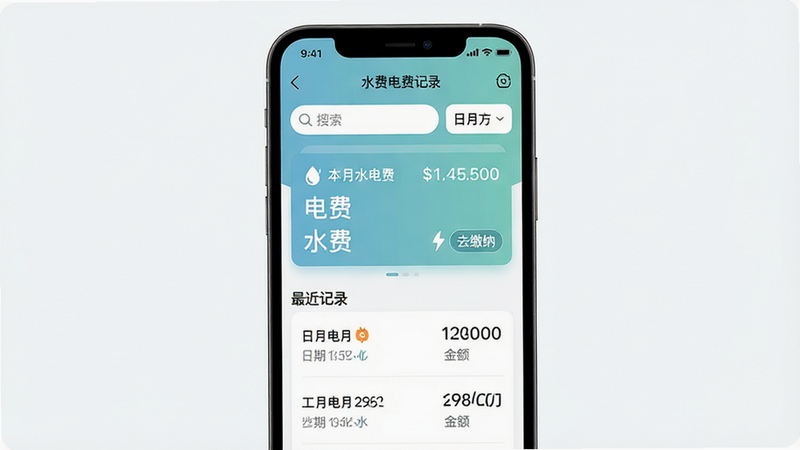 主体为一个智能手机屏幕,显示着“水费电费记录”APP的首页界面,布局为上下结构,顶部是搜索栏和月份选择器,中部是本月水电费总支出卡片,底部是最近三笔缴费记录的列表,包含日期、类型(水/电)、金额和备注,排版整洁有序,风格为现代扁平化设计,细节包括清晰的图标和柔和的蓝绿色调,文字包含“本月支出”、“水费”、“电费”、“去缴纳”,画质高清,背景干净无多余元素