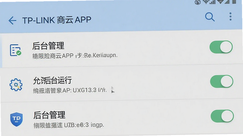 ����Ϊ��׿�ֻ����ý����ͼ����ʾTP-LINK����APP��Ȩ�޹���ҳ�棬����Ϊ��׼�б���ʽ���Ű���������Ϊϵͳԭ��UI��ϸ�ڰ�����������̨���С����ش��ڿ���״̬��������������ˮӡ������