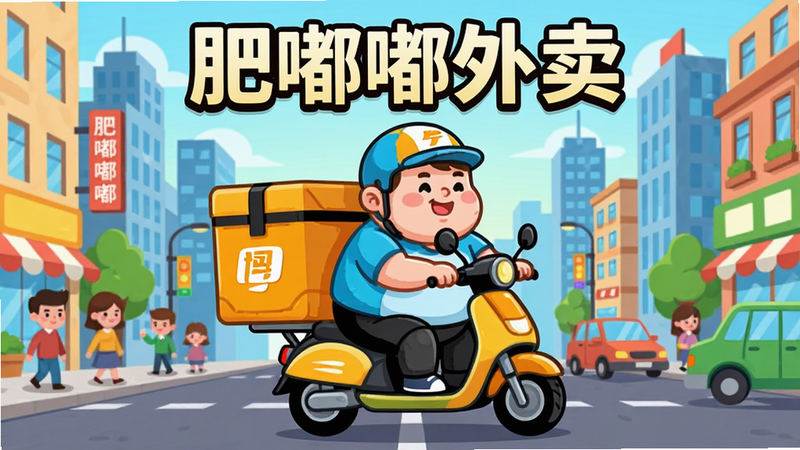 主体为一款名为“肥嘟嘟外卖”的手机游戏宣传图,画面中心是一个卡通风格的肥胖可爱骑手骑着电动车,车后座载着巨大的外卖箱,背景是繁华的城市街道和高楼大厦,色彩鲜艳明亮,采用扁平化插画风格,布局居中,排版整洁,细节丰富,包含街道上的行人和车辆,画质高清,干净,无多余元素,文字“肥嘟嘟外卖”位于顶部,字体醒目