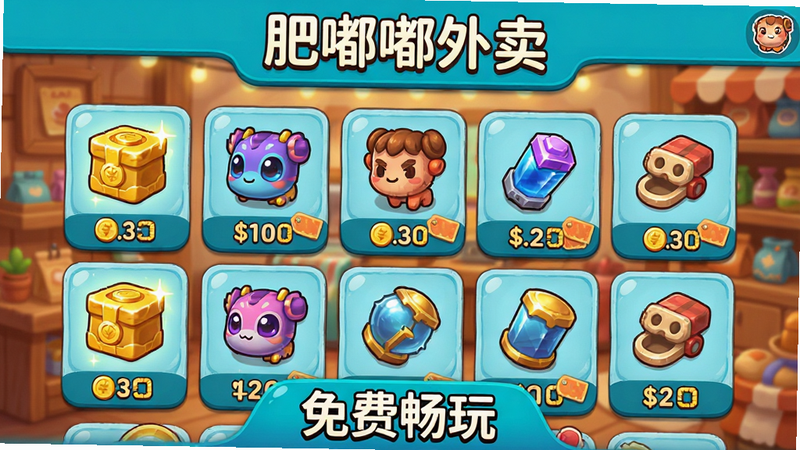 展示“肥嘟嘟外卖”游戏的商店界面,显示各种可购买的虚拟物品,如金币包、皮肤、道具等,价格标签清晰可见,背景为温馨的商店场景,风格卡通可爱,布局网格状,细节包括物品光泽和价格数字,画质高清,干净,无多余元素,文字“免费畅玩”在底部