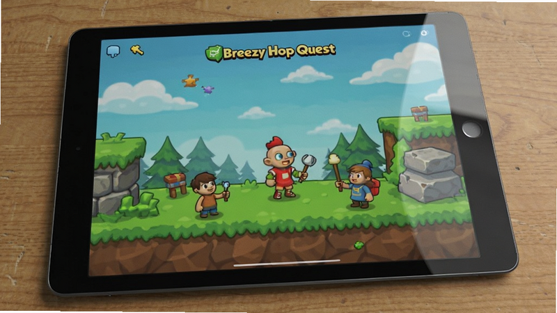 生成一张平板电脑横屏运行Breezy Hop Quest的场景图,屏幕显示游戏画面,周围是木质桌面,布局横向,风格生活化,细节包含平板边框反光,画质高,干净,无多余元素